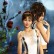 Close-up of tall and short woman in front of a night sky with moon and red roses.