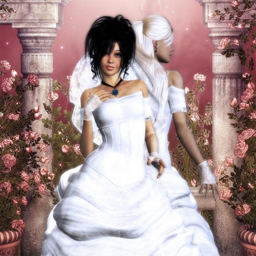 Black haired and white haired brides in wedding gowns in front of a pink fantasy background. Black haired and white haired brides in wedding gowns in front of a pink fantasy background.